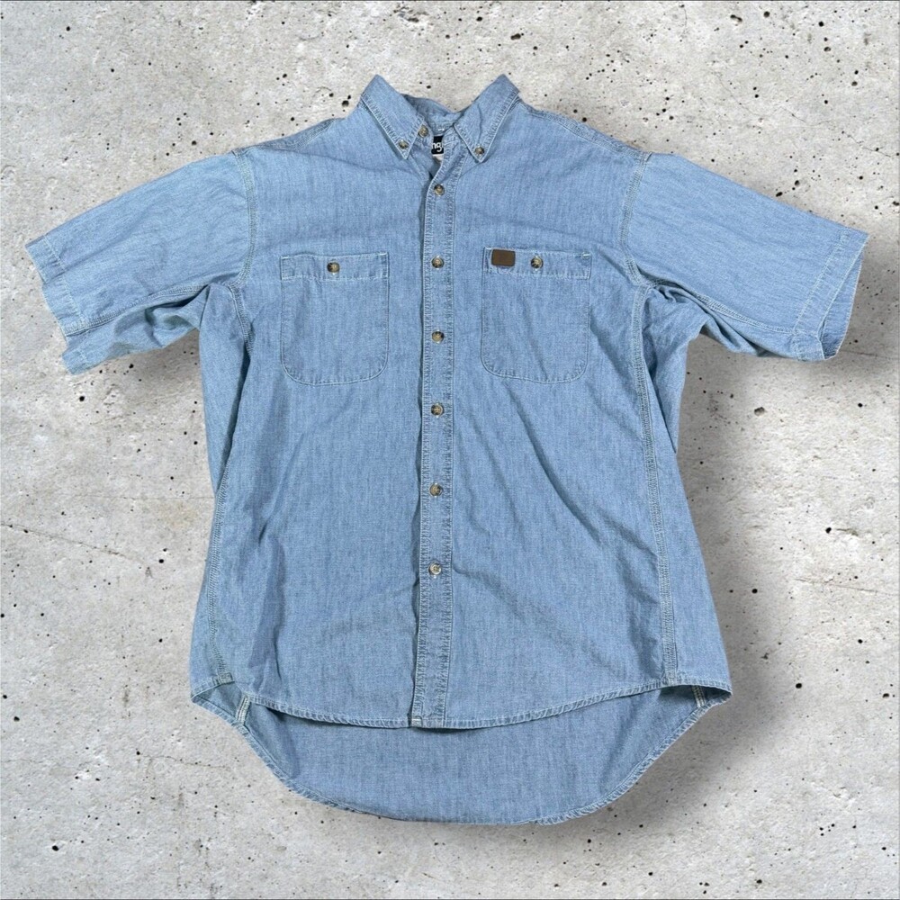 Wrangler Riggs Workwear Shirt XL Blue Denim Short Sleeve Button Down Cotton